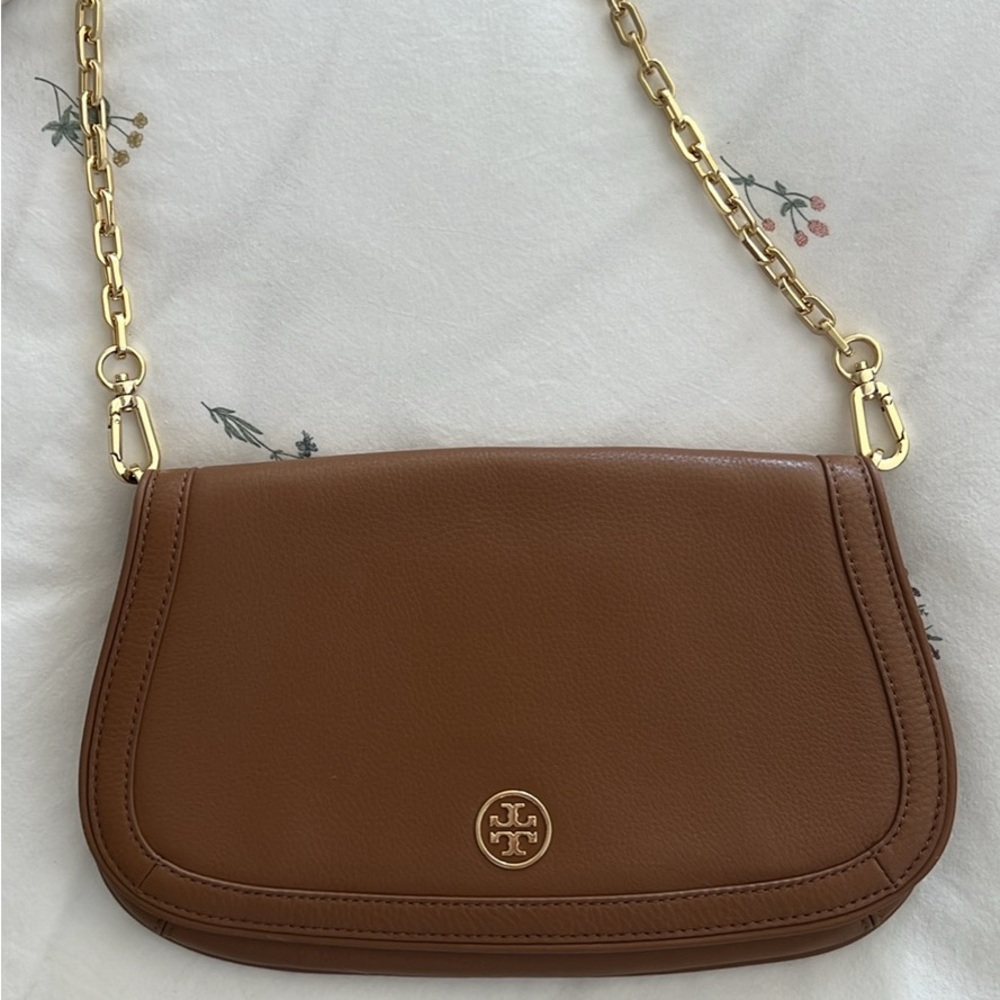 Tory Burch Tan Leather Shoulder Bag with Gold Chain